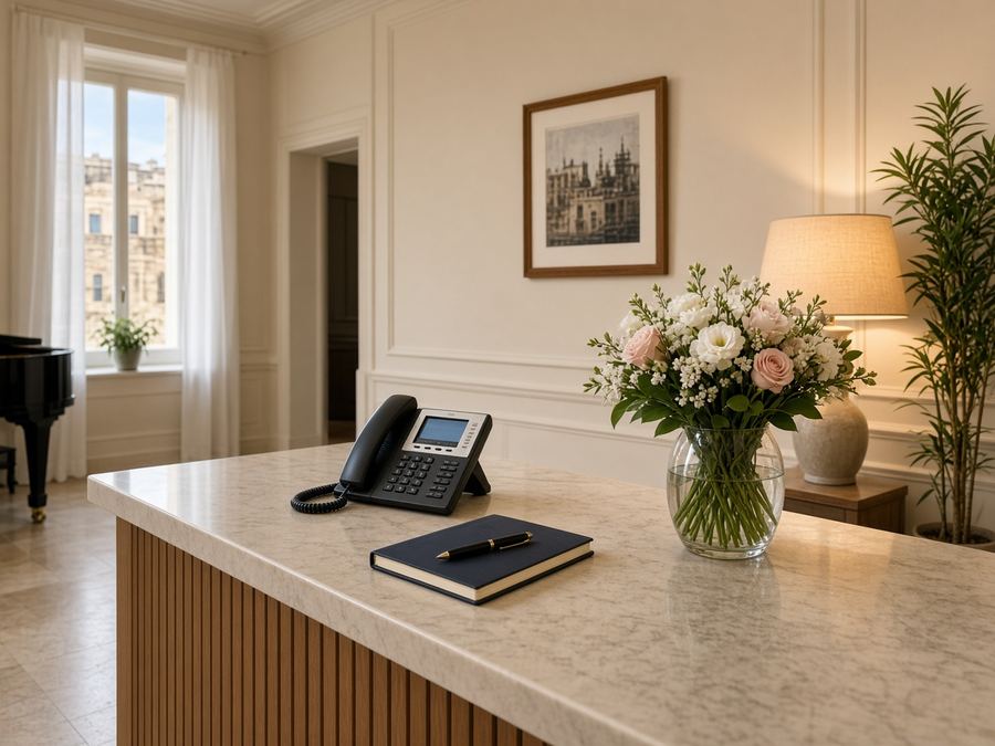 Contact desk at Goldmeadow Piano Studio in Valletta
